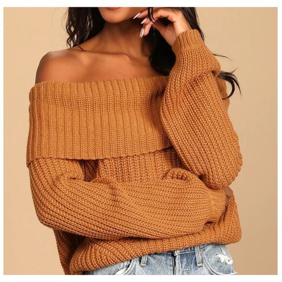 Lulu's Sweaters - Lulus Carmichael Light Brown Off The Shoulder Knit Sweater Small